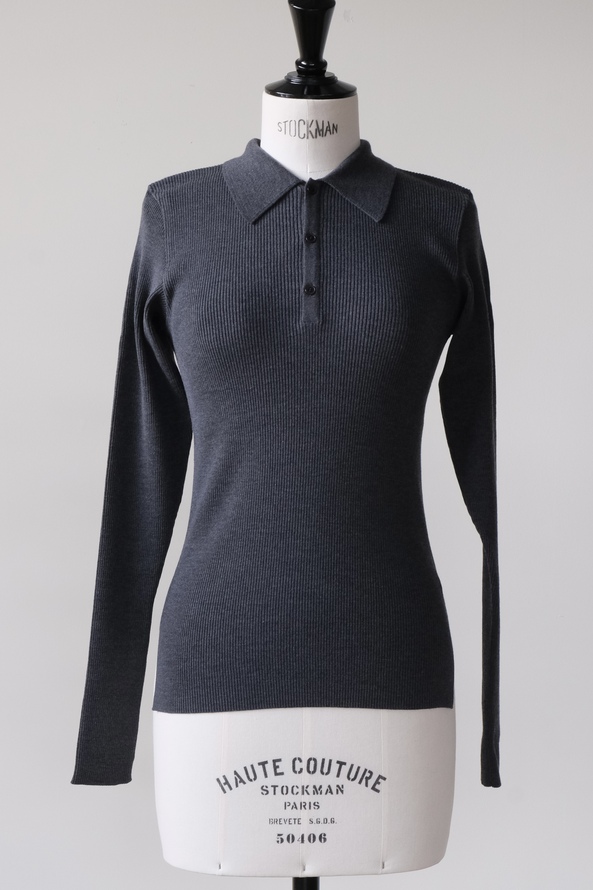 Auralee Super Fine Wool High Gauge Rib Knit Polo in Top Charcoal