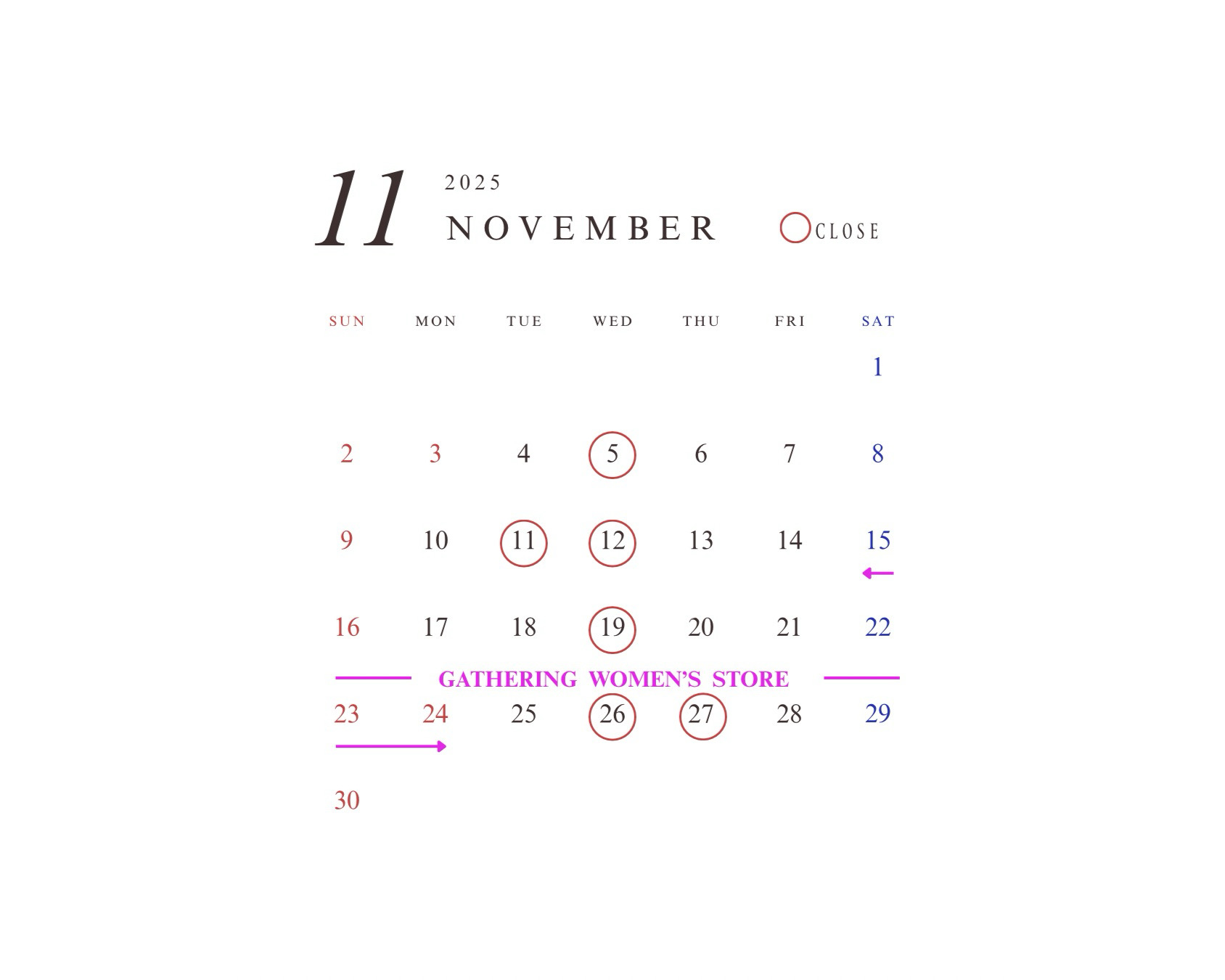 GATHERING 11月営業スケジュール